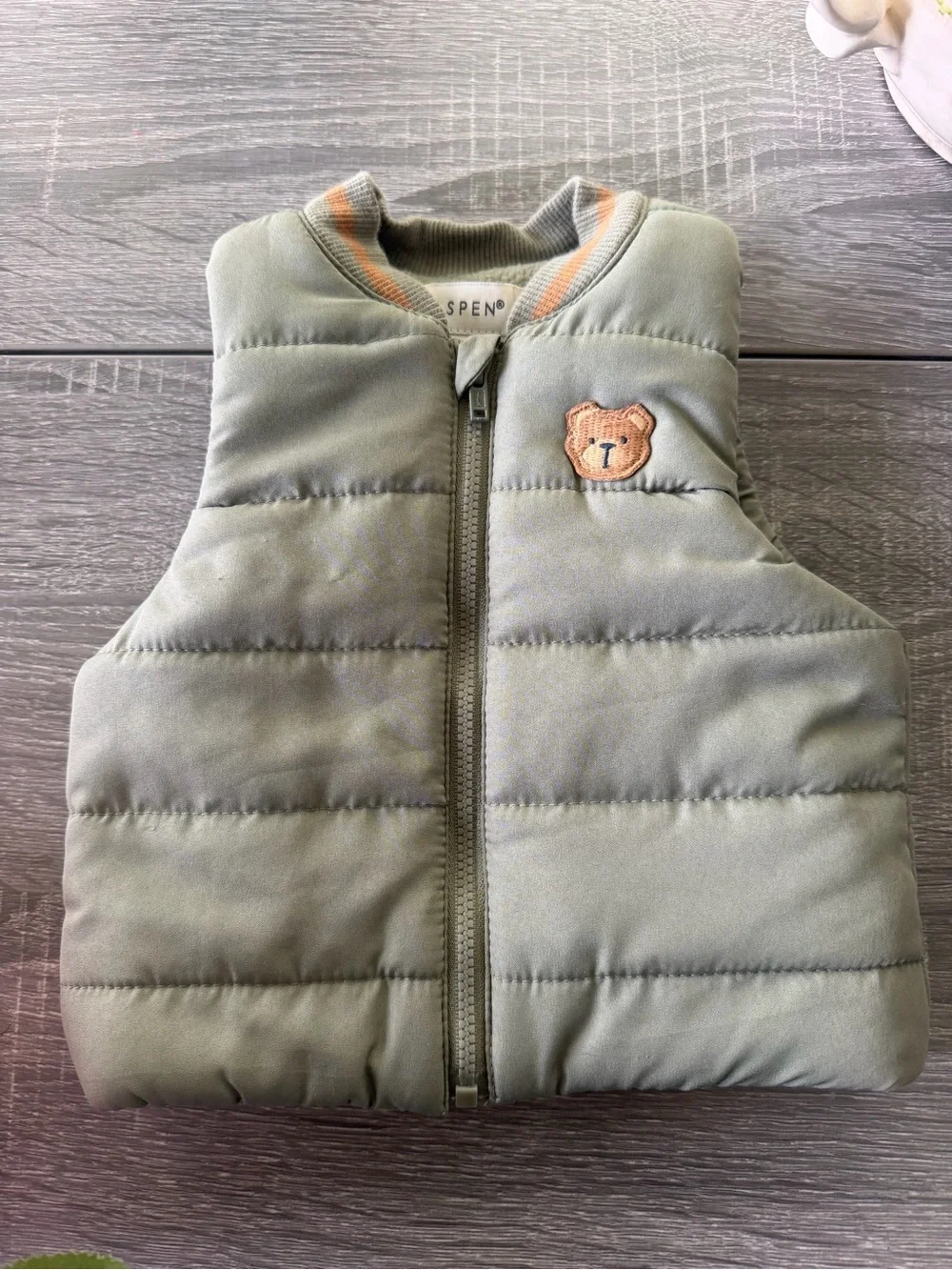 Aspen Green Puffer Vest for Kids - Olive Green w/Embroidery Teddy Bear